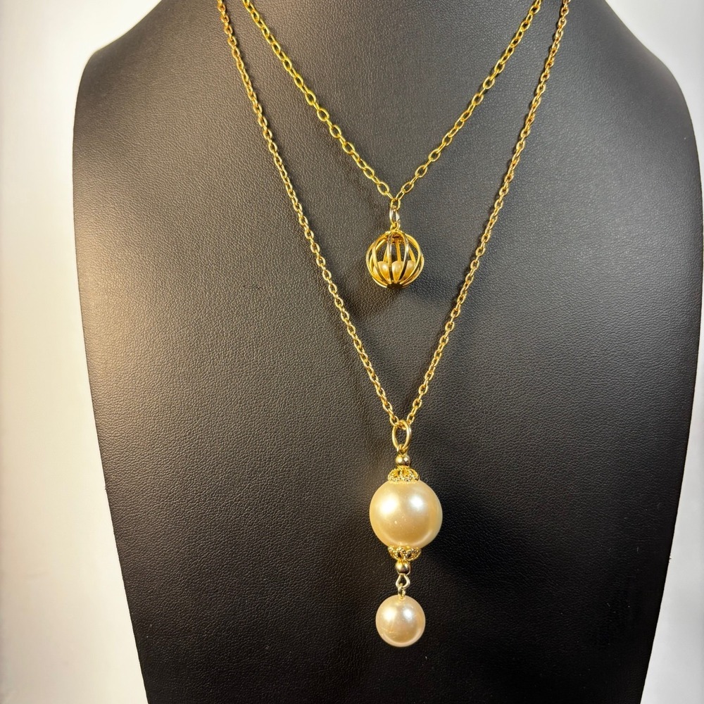 Gold Tone Layered Faux Pearl‎ Pendant Necklace Set Orb Birdcage Drop 18-20 In